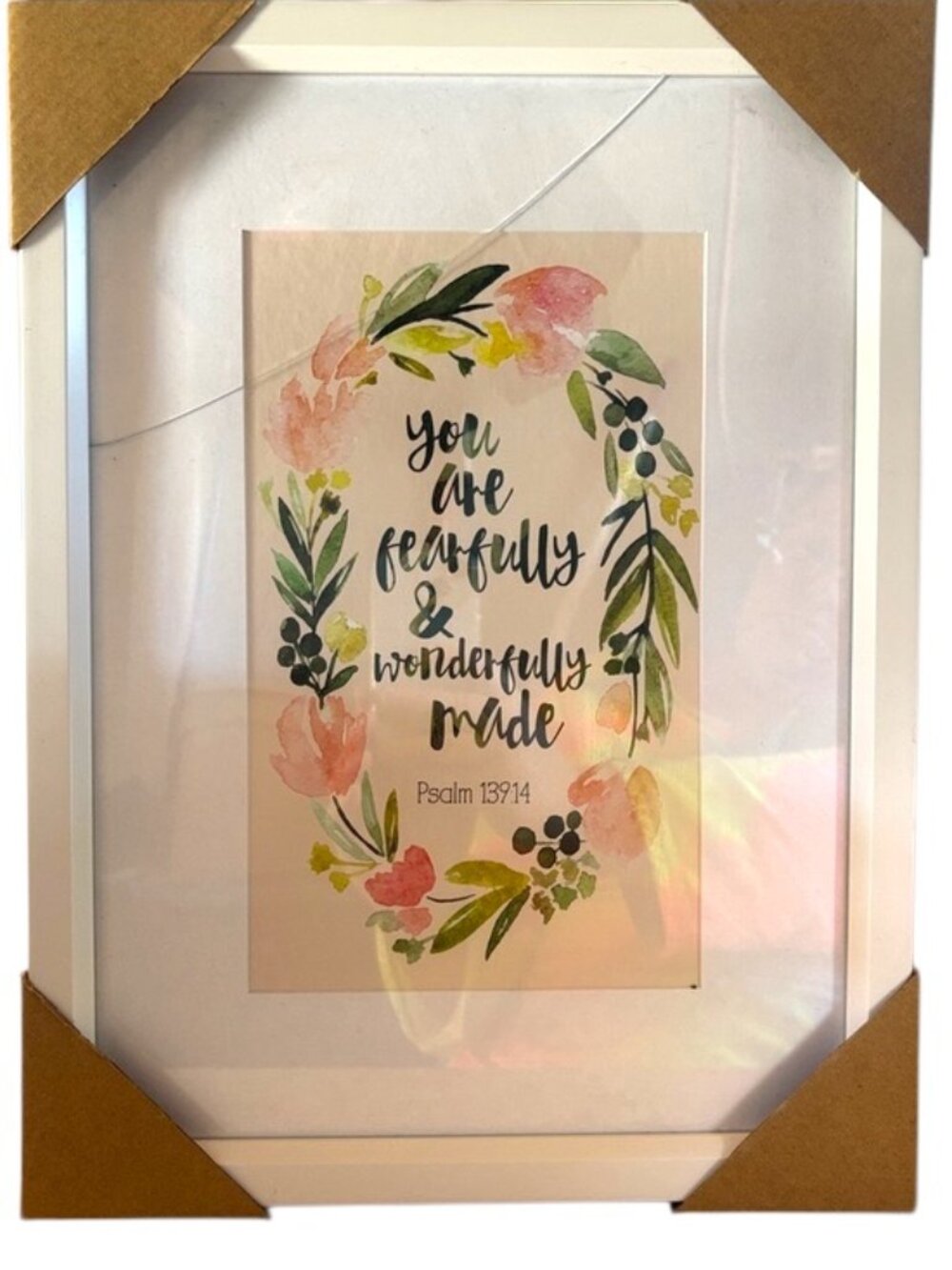 NWT-Floral Watercolor Psalm 139:14 (“You are Fearfully…”)Print in White Frame